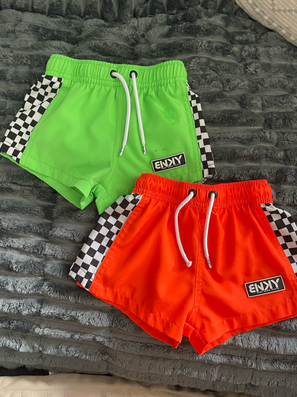 Binky Bro Toddler Neon Green & Bright Orange Checkerboard Trim Swim Shorts